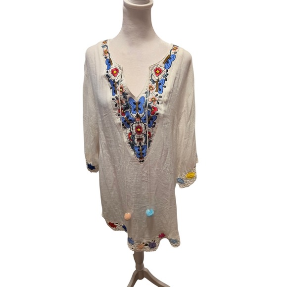 Finovas Tops - Finovas White Embroidered Butterfly Floral Tunic Top Crochet Trim Pom Pom Tassel